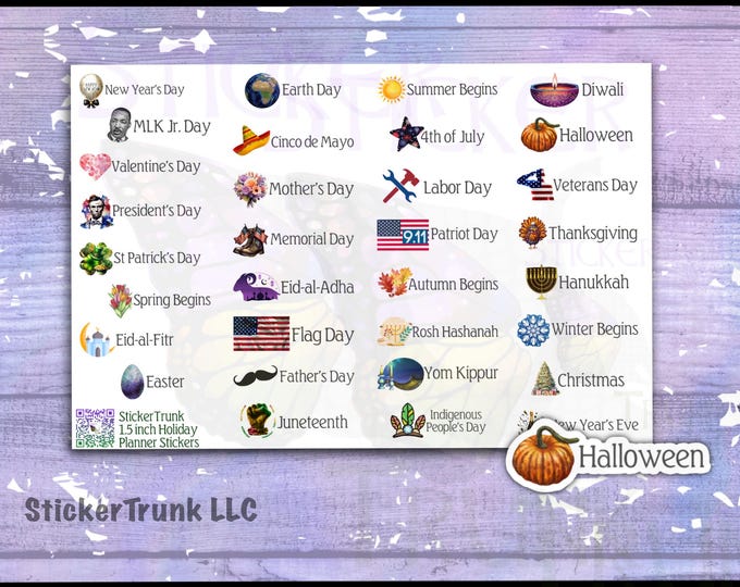 Featured listing image: 1.5" Federal & School Holiday Planner Stickers, Sheet 1