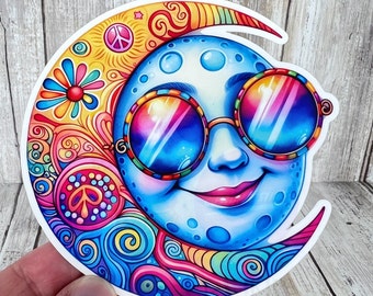 Moon with Sunglasses Sticker, Peace Moon Sticker, Colorful Moon Sticker, Hippie Stickers, Crescent Moon, Moon Car Decals