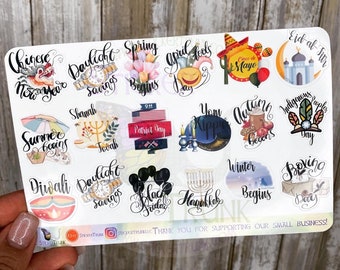 Holiday Planner Stickers SHEET 2, Holiday Stickers, Erin Condren, Happy Planner, Diwali, Eid-al-Fitr, Yom Kippur, Indigenous People