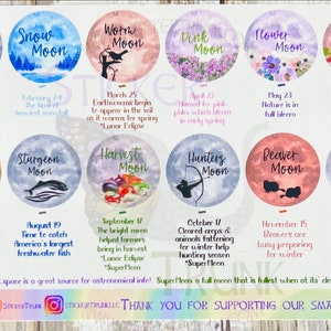 Full Moon Planner Stickers, 2024, Moon Planner, Indigenous Moon Names, Worm Moon, Pink Moon, Erin Condren, Happy Planner