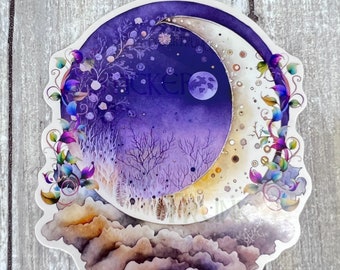Crescent Moon & Vines Sticker, Moon Sticker, Witchy Stickers, Moon and Clouds, Flowers, Vines, Space, Galaxy