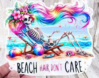 Beach Hair Don't Care Sticker, Skeleton Sticker, Beach Skeleton, Beach Stickers, Beach Car Decals, Skeleton Car Decals