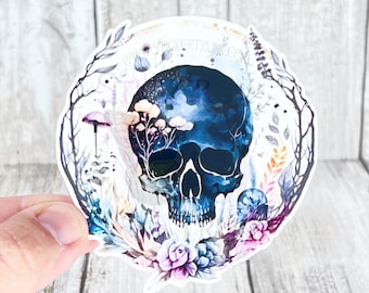 Skull & Flowers Sticker, Skull Sticker, Skull Nature, Laptop Stickers, Halloween Stickers, Moon, Mushrooms