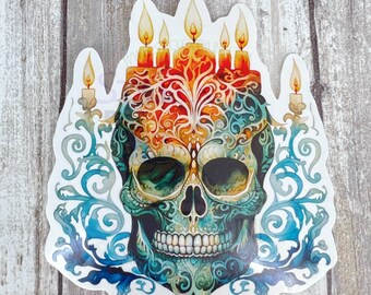 Decorated Skull and Candles Sticker, Halloween Decal