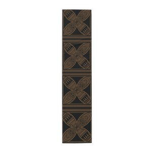 May include: A black table runner with a repeating pattern of brown floral-like shapes. The design features intricate details and geometric elements, creating a visually appealing textile. Suitable for home decor.