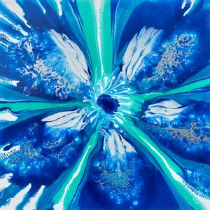 Peinture acrylique originale, Art fluide, Fleur, Vortex bleu