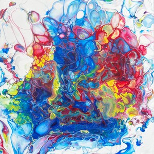 Original Abstract Acrylic Pour Painting, Fluid Art, Primary Burst