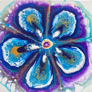 Peinture acrylique originale, Art fluide, Fleur, Pansy moucheté