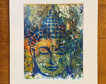 Blue Buddha Art Print, Abstract Acrylic Pour Painting, Fluid Art, 8X10 Print Matted to Fit 11X14 Frame