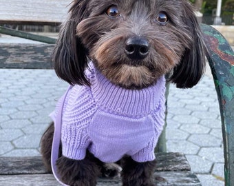 Lilac turtleneck knitted dog sweater with sleeves. Soft, cozy and warm hand knit for puppies, small and medium dogs