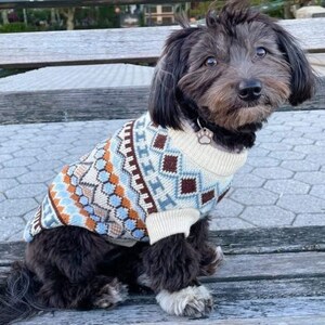 Puppy wearing a boho-inspired pullover. Put your dog in a warm pullover that is stylish and lasts a long time.