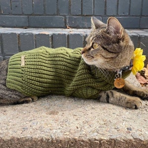 Artisanal cat sweater with sleeves. Sweater with unique and cute knitted pattern. Cozy holiday gift for cat lovers