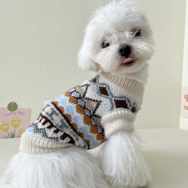 Boho-Inspired Mini Sleeves Dog Sweater for Furry Stylish Pups! Embrace Soft and Cozy Winter in Style in White, Gray and Brown. XXS to Large