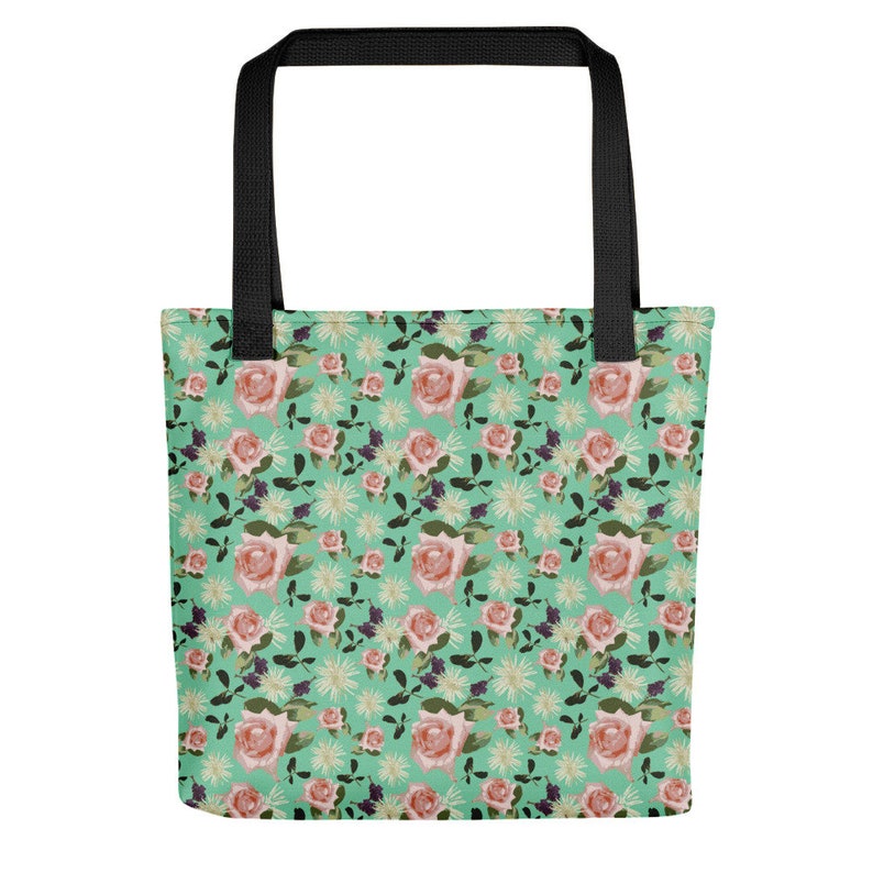 floral tote shopping market bag with roses all over print floral rose design tote bag Tote bag green tote pink roses ladies fashion bag