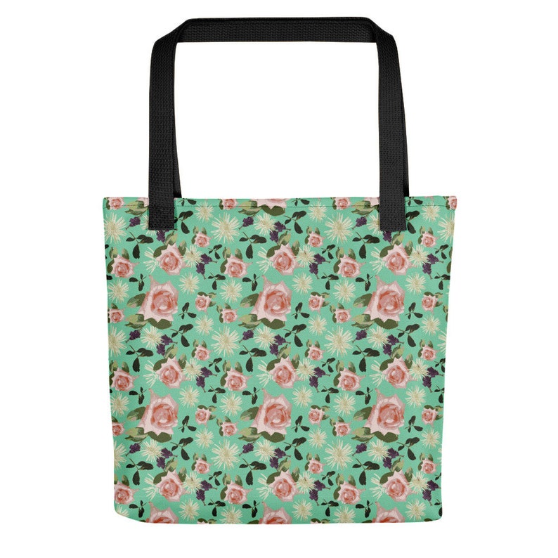 floral tote shopping market bag with roses all over print floral rose design tote bag Tote bag green tote pink roses ladies fashion bag