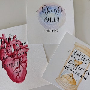 May include: Three watercolor paintings with calligraphy and quotes. The first painting features a red anatomical heart with the quote "amor vincit omnia et nos cedamus amori" by Virgil. The second painting features a blue and purple watercolor circle with the quote "Homo bulla" by Erasmus. The third painting features a watercolor hourglass with the quote "Tempus fugit - fugiens redicturus." by Virgil.