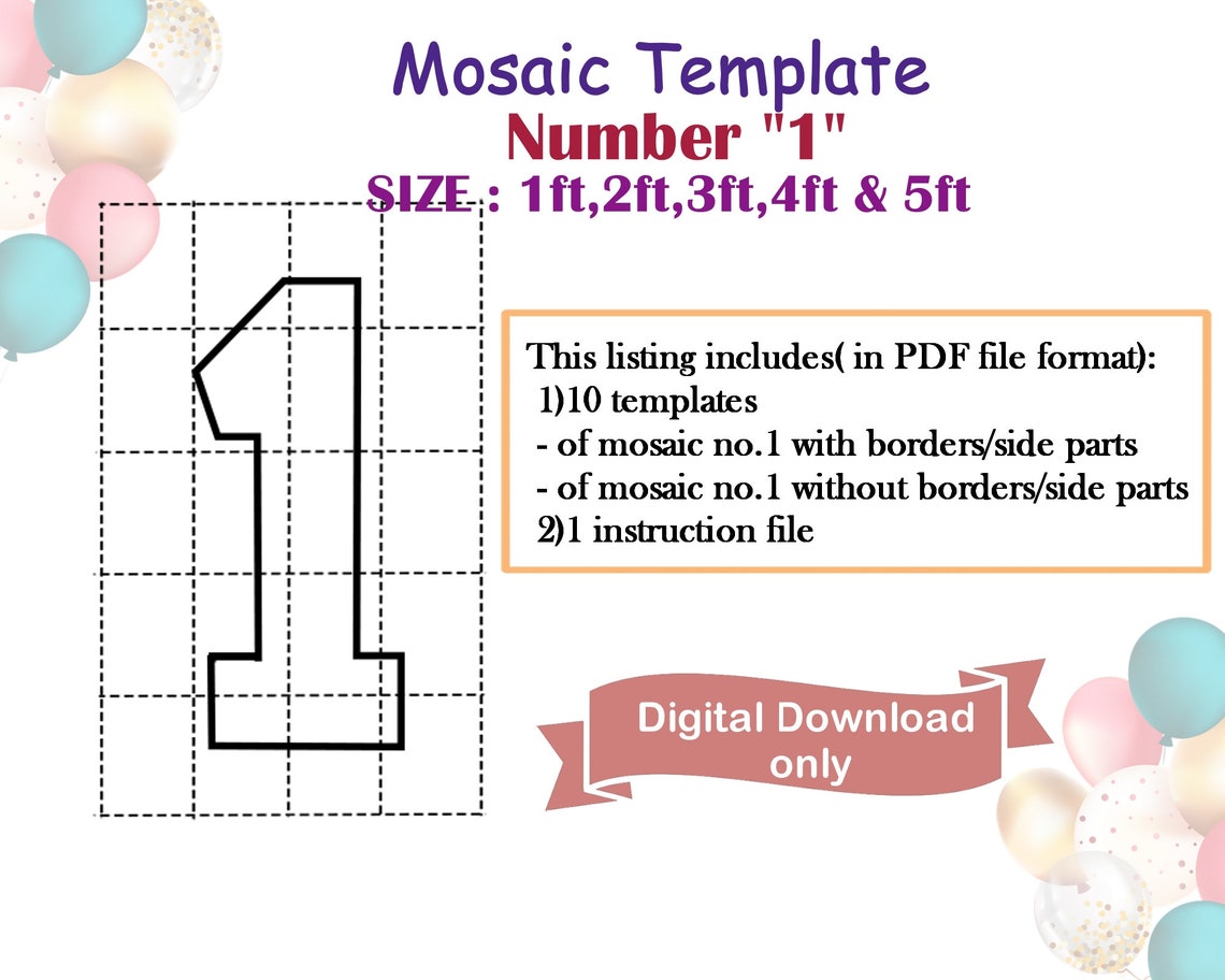 Mosaic Number 1 Mosaic Template No. 1 Balloon (Instant Download) Etsy
