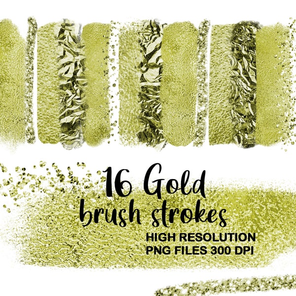 Gold Brush Stroke Clipart, Metallic Brush Strokes Clipart, Metallic Design Elements,Foil Paint Strokes, Logo, Banner, Blog Header.