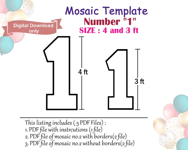 Balloon Mosaic Template 3ft and 4ft- Number 1 Mosaic Pattern Mosaic template No Mosaic Number 1 1