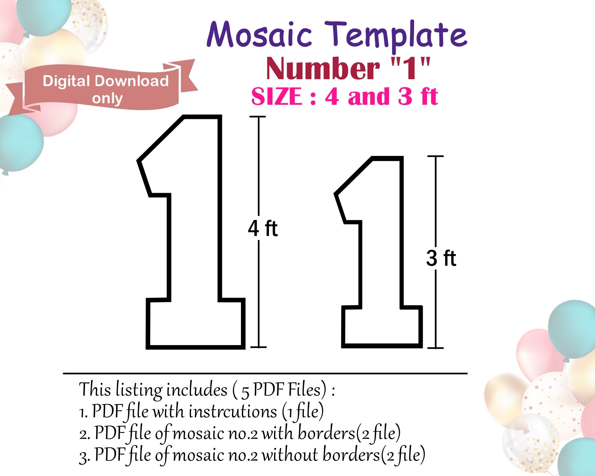 Mosaic Number 1 Mosaic Template No. 1 Balloon Mosaic Etsy Singapore