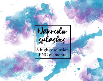 Watercolor Brush Strokes Clipart,  Blue and Purple Strokes, Watercolor Splatters, Instant Digital Download.