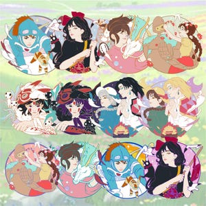 May include: Set of ten enamel pins featuring characters from Studio Ghibli films. The pins are colourful and feature a variety of characters, including Totoro, Kiki, and Howl. Each pin is approximately 2.5 cm in diameter.
