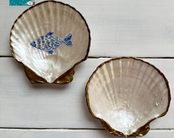 Decorative Shell Trinket, Ring Dish, Jewellery Box, Fish and Pearl with Painted, Decoupage finish,