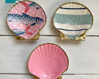Decorative Shell Trinket, Ring Dish, Jewellery Box, Fish and Stripes with Painted, Decoupage finish,