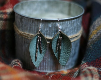 Teal Leather Leaf Earrings with Glass Beads