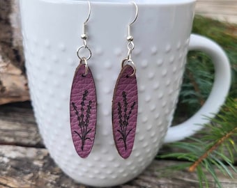 Purple Leather Lavender Oval Earrings