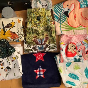 Kitchen crochet hanging towels: Sea; Turtle, Campgrounds, Palms, Butterflies, Dogs, Flamingos, Crochet Towel Toppers
