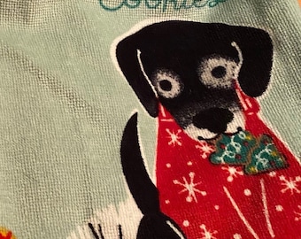 Kitchen hanging Holiday Towels; Crochet Towel Toppers; Hanukkah; Christmas, Flamingos;Christmas Cookies, Black Labrador, Black/white dog