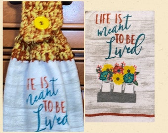 Kitchen hanging towel; Spring; Happiness; Life; Home; cooking, coffee; full towels, crochet towel topper