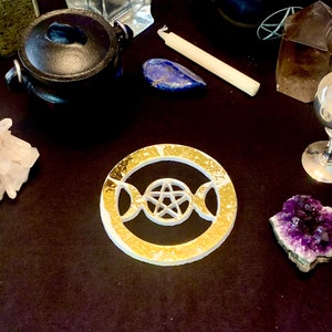 Altar tile Triple Moon with Pentacle white and gold Metal 4&quot;
