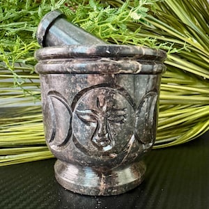 Triple Moon Carved Mortar and Pestle ~ Stone ~ Apothecary~ Triple Moon Goddess ~ Herb Grinder