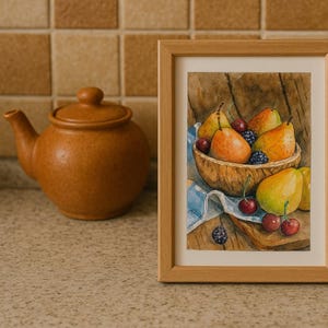Accogliente cucina pere e ciliegie dipinto ad acquerello originale, arte murale a forma di ciotola di frutta, decorazione da cucina minimalista e vibrante, fascino da cottage