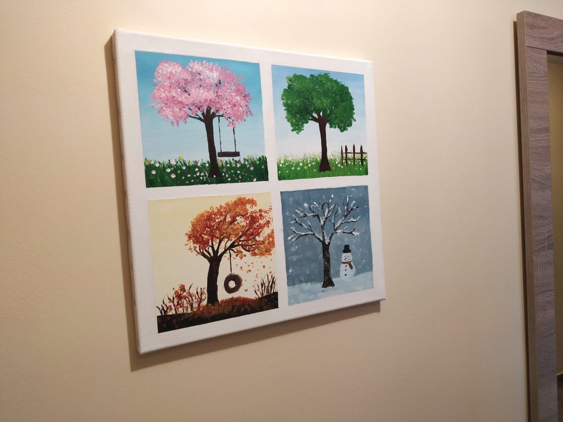 Four Seasons Wall Decor, Hand Painted Acrylic Art, Nature Inspired