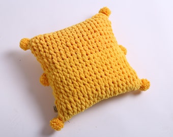 Pillow with pom poms, Yellow cushion, Soft kids room pillow, Chunkey textured cushion, Handmade pom poms, Yarn pillow, Sunny decor