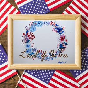 Ghirlanda originale ad acquerello del 4 luglio, arte floreale patriottica della Terra dei Liberi, decorazione per il Giorno dell'Indipendenza con i colori rosso, bianco e blu, regalo per i veterani