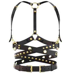 Custom Size Black Harness, Leather Harness Cross Belts, Adjustable Harness Bra, Open Bust Waist Harness with Metal Rivets Eyelet Belts