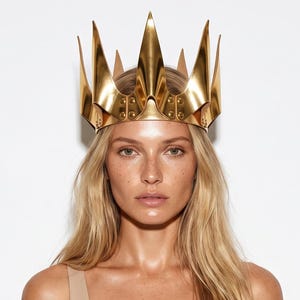 Handmade Golden Leather Crown, Gothic Festival Headdress, Gold Leather Queen Crown, Role Play Wear