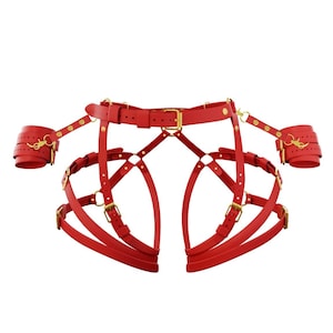Red Butt Harness Set with Wrist Cuffs, Red Leather Lingerie, Provocative Harness Bondage, Festival Leather Harness Set, Mature Harness