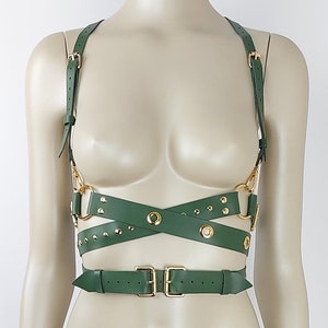 Custom Green Harness, Female Luxury Leather Harness Cross Belts, Adjustable Harness Bondage Bra, Open Bust Waist Harness with Metal Rivets