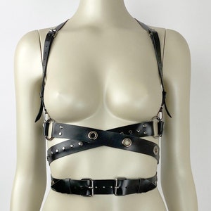 Custom Black Harness, Female Luxury Leather Harness with Cross Belts, Adjustable Harness Bondage Bra, Open Bust Bra Waist Belt Harness