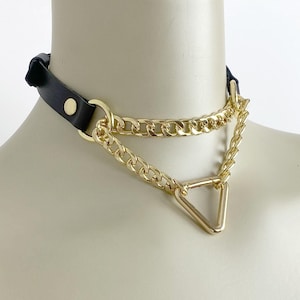 Gargantilla de cadena, gargantilla de cadena, collar de gargantilla, gargantilla de cuero hecha a mano con mosquetón triangular, gargantilla de cadena, collar de gargantilla de oro