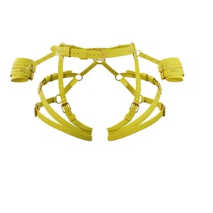 Yellow Butt Harness Set with Wrist Cuffs, Yellow Leather Lingerie, Leg Harness Bondage, Festival Costume Leather Harness Set, Mature Harness