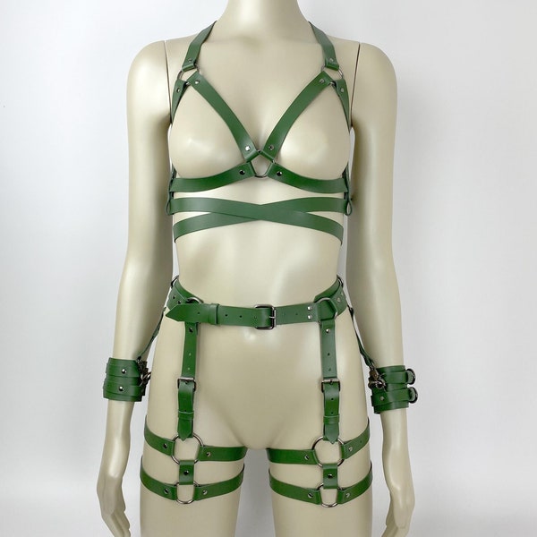 Green Leather Harness Set, Open Bra, Chain Harness, Bondage Harness, BDSM Kit, Garter Belt Lingerie, BDSM Gear for Women, Thigh Cuffs Mature