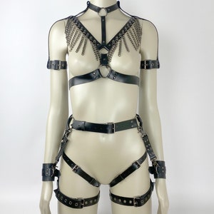 Rave Leather Harness Set with Handcuffs, Chain Harness Outfit, Leather Harness Bondage, Chain Leather Bra, Harnesses Women, Festival Outfit
