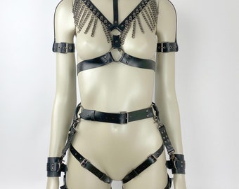 Rave Leather Harness Set with Handcuffs, Chain Harness Outfit, Leather Harness Bondage, Chain Leather Bra, Harnesses Women, Festival Outfit