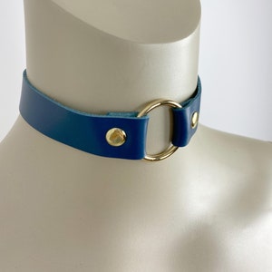 Dark Blue Leather Choker, Custom Choker with O-ring, Golden Ring Collar Necklace with O-ring, Plus Size Neck Day Choker, Day Collar
